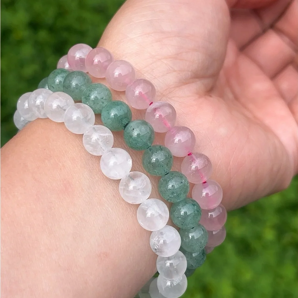 8mm stretchable‎ rose quartz, clear quartz, green strawberry quartz bracelet set